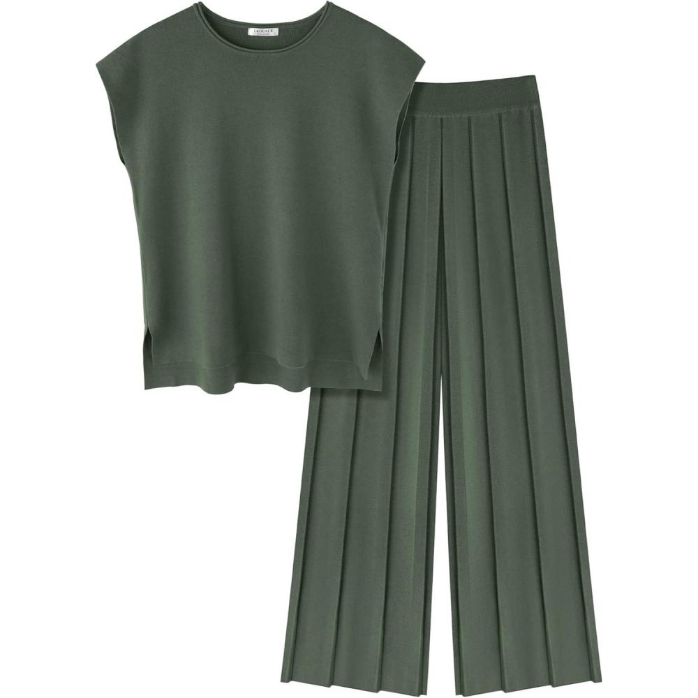 imageEkouaer Lounge Sets for Women Two Piece Outfits Knit Cap Sleeve Tops Wide Leg Pleated Pants Casual Dressy Sweater SetsDark Green
