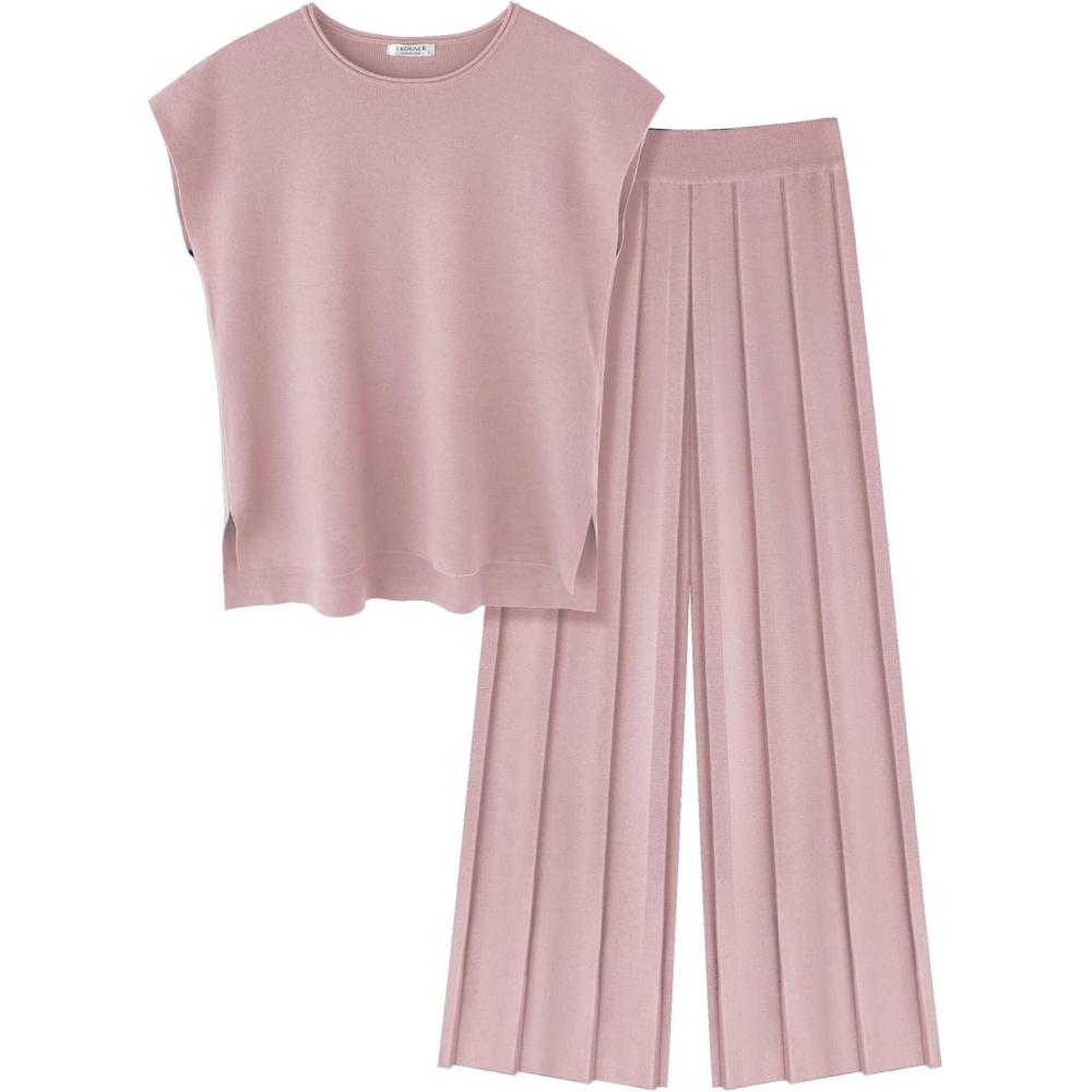 imageEkouaer Lounge Sets for Women Two Piece Outfits Knit Cap Sleeve Tops Wide Leg Pleated Pants Casual Dressy Sweater SetsDusty Rose