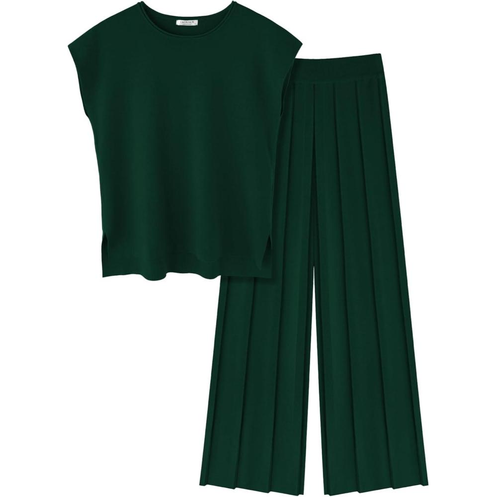 imageEkouaer Lounge Sets for Women Two Piece Outfits Knit Cap Sleeve Tops Wide Leg Pleated Pants Casual Dressy Sweater SetsGreen