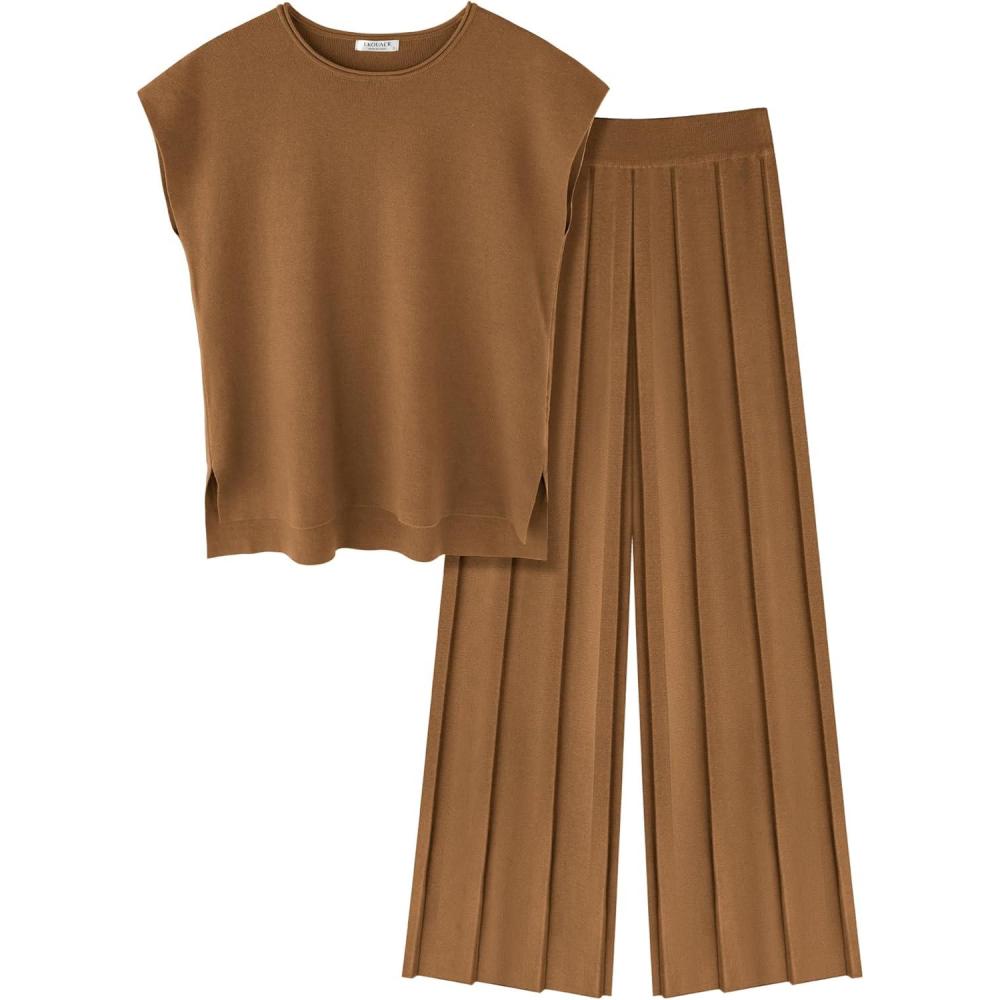 imageEkouaer Lounge Sets for Women Two Piece Outfits Knit Cap Sleeve Tops Wide Leg Pleated Pants Casual Dressy Sweater SetsLight Brown