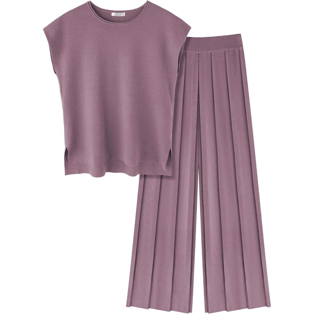 imageEkouaer Lounge Sets for Women Two Piece Outfits Knit Cap Sleeve Tops Wide Leg Pleated Pants Casual Dressy Sweater SetsPurple