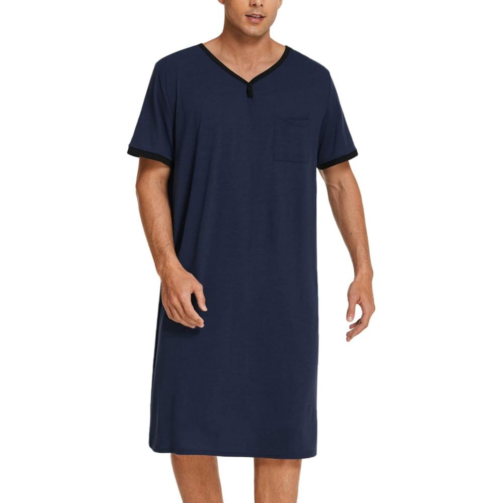 imageEkouaer Mens Nightshirt Nightwear Comfy BigampTall Short Sleeve Henley Sleep ShirtNavy Blue