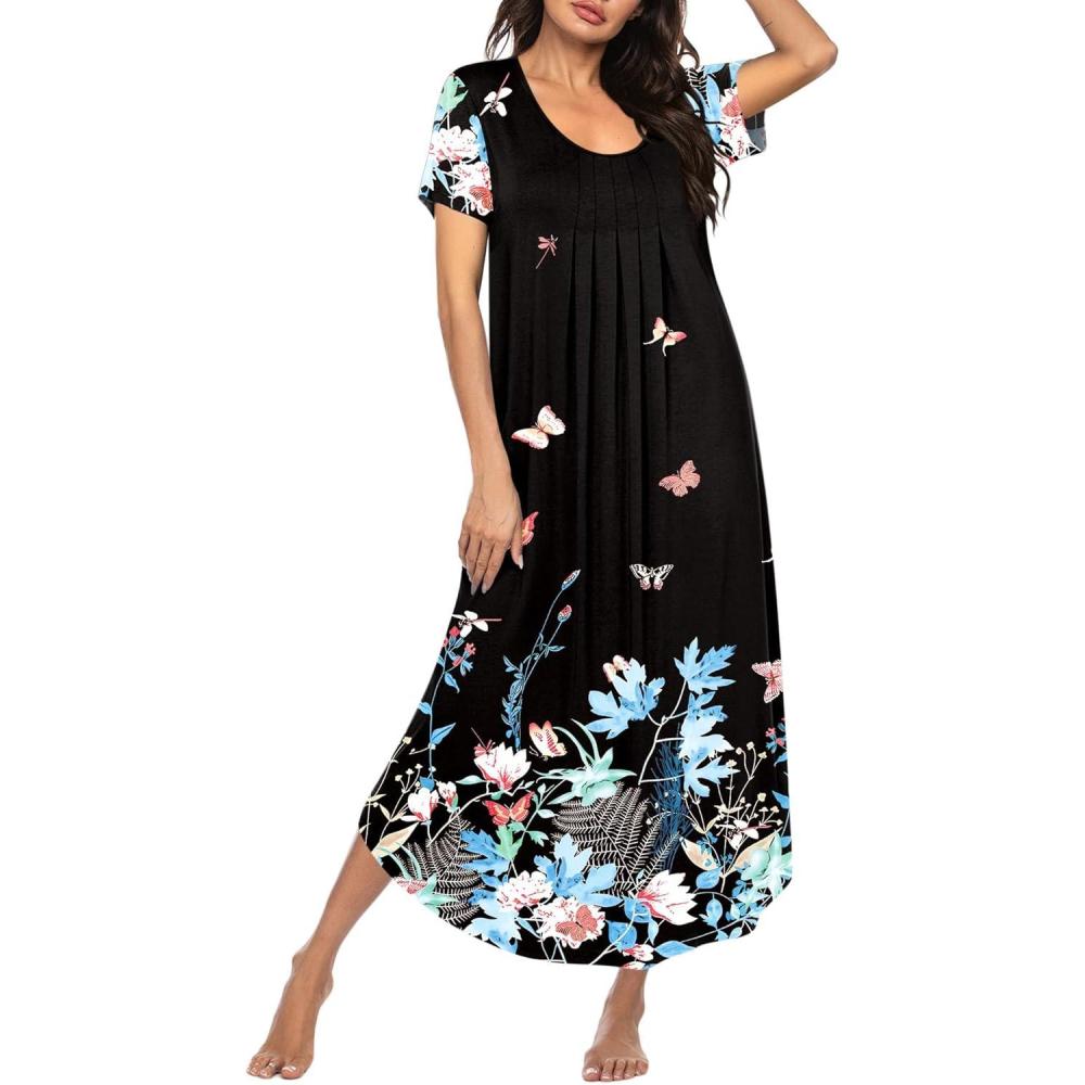 imageEkouaer Moo Moos for Women House Dress Long Nightgown Flora Print Mumus Dress S4XLBlack Butterfly
