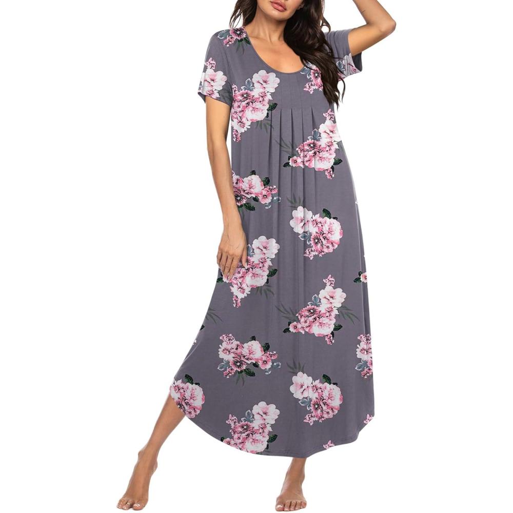imageEkouaer Moo Moos for Women House Dress Long Nightgown Flora Print Mumus Dress S4XLGrey Flowers
