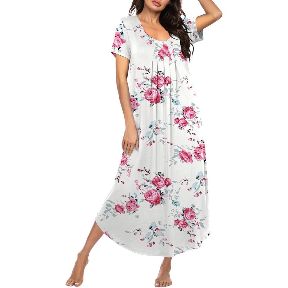 imageEkouaer Moo Moos for Women House Dress Long Nightgown Flora Print Mumus Dress S4XLWhite Pink Flower
