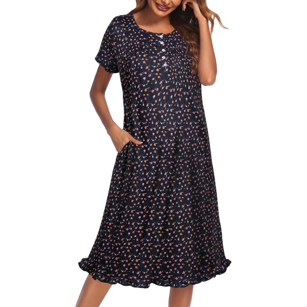imageEkouaer Nightgowns for Women with Pockets Button Front Short Sleeve House Dresses Floral Print Mumu DressBlack