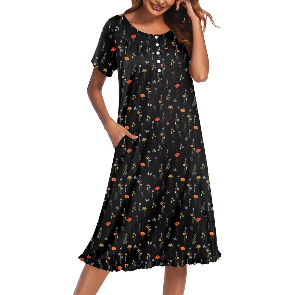 imageEkouaer Nightgowns for Women with Pockets Button Front Short Sleeve House Dresses Floral Print Mumu DressBlack Butterfly Floral