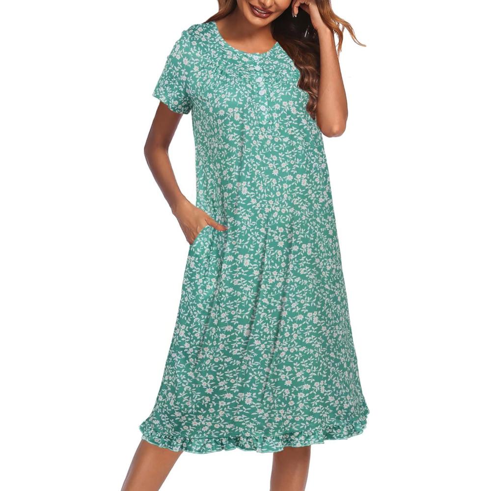 imageEkouaer Nightgowns for Women with Pockets Button Front Short Sleeve House Dresses Floral Print Mumu DressGreen Flower