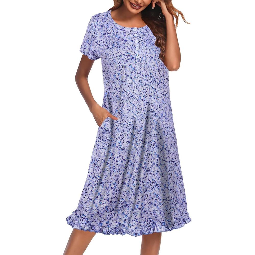 imageEkouaer Nightgowns for Women with Pockets Button Front Short Sleeve House Dresses Floral Print Mumu DressLavender