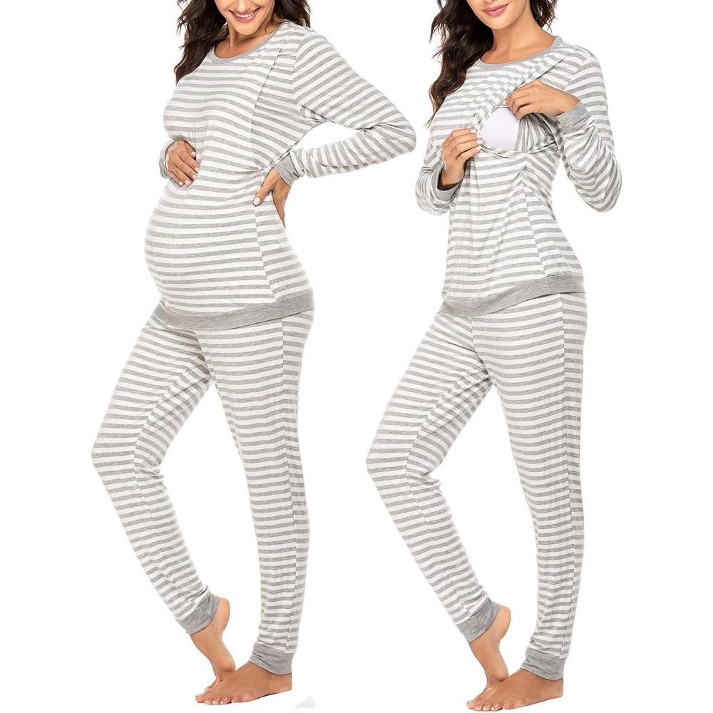 imageEkouaer Nursing Pajama Set Long Sleeve Maternity Clothes Labor Pregnancy Pjs Breastfeeding Thermal Underwear SleepwearAsh Light Gray Stripe