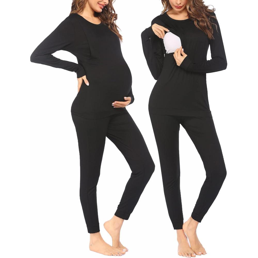 imageEkouaer Nursing Pajama Set Long Sleeve Maternity Clothes Labor Pregnancy Pjs Breastfeeding Thermal Underwear SleepwearBlack