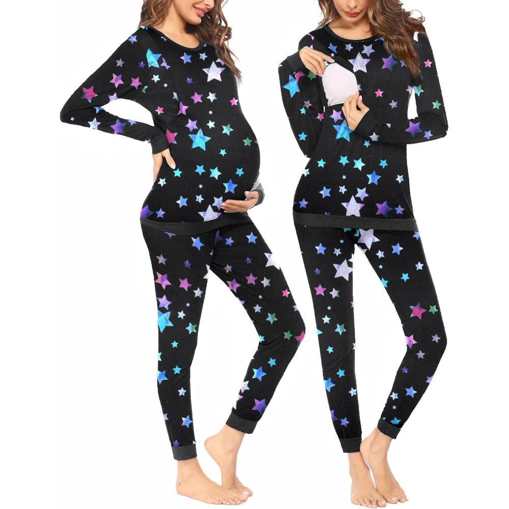 imageEkouaer Nursing Pajama Set Long Sleeve Maternity Clothes Labor Pregnancy Pjs Breastfeeding Thermal Underwear SleepwearBlack Colorful Star