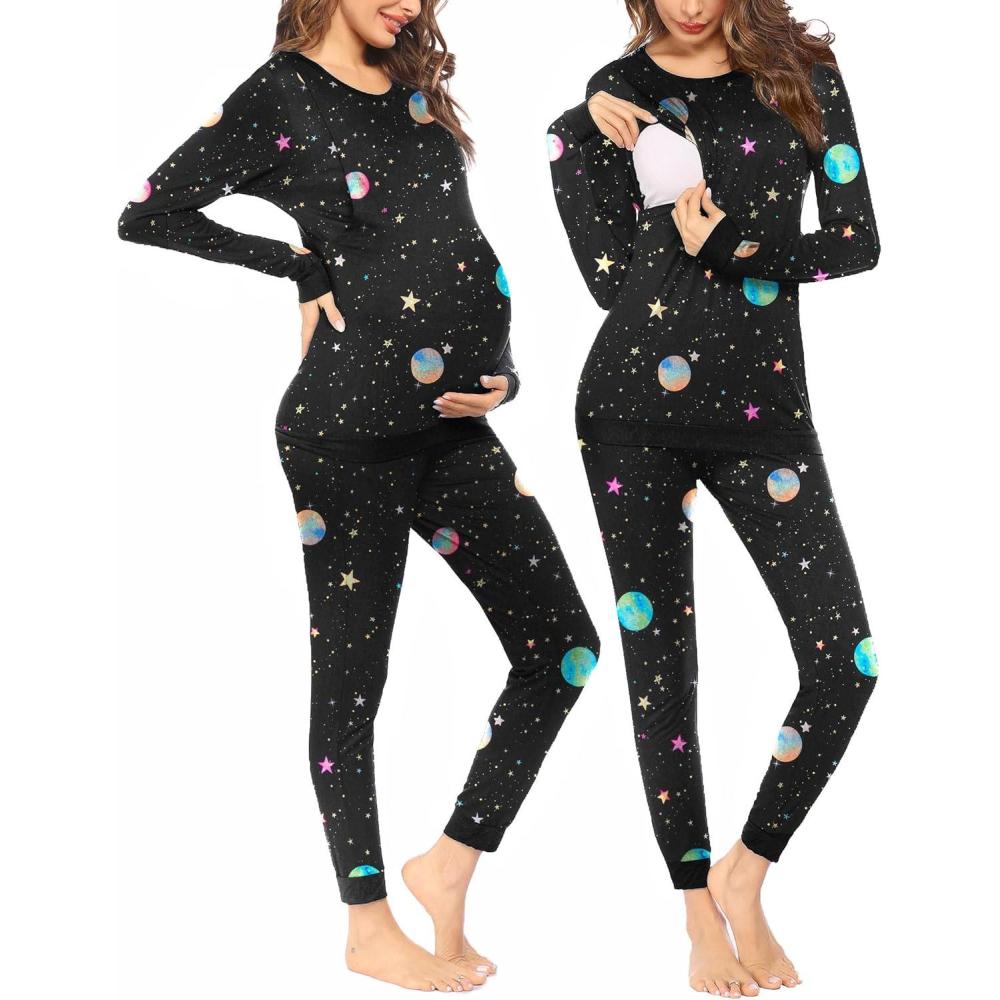 imageEkouaer Nursing Pajama Set Long Sleeve Maternity Clothes Labor Pregnancy Pjs Breastfeeding Thermal Underwear SleepwearBlack Moon Star