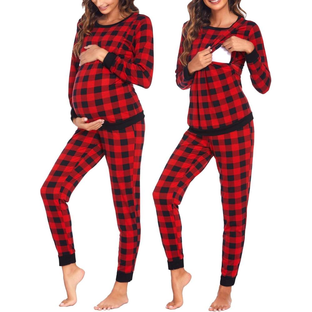 imageEkouaer Nursing Pajama Set Long Sleeve Maternity Clothes Labor Pregnancy Pjs Breastfeeding Thermal Underwear SleepwearBlack Red Plaid