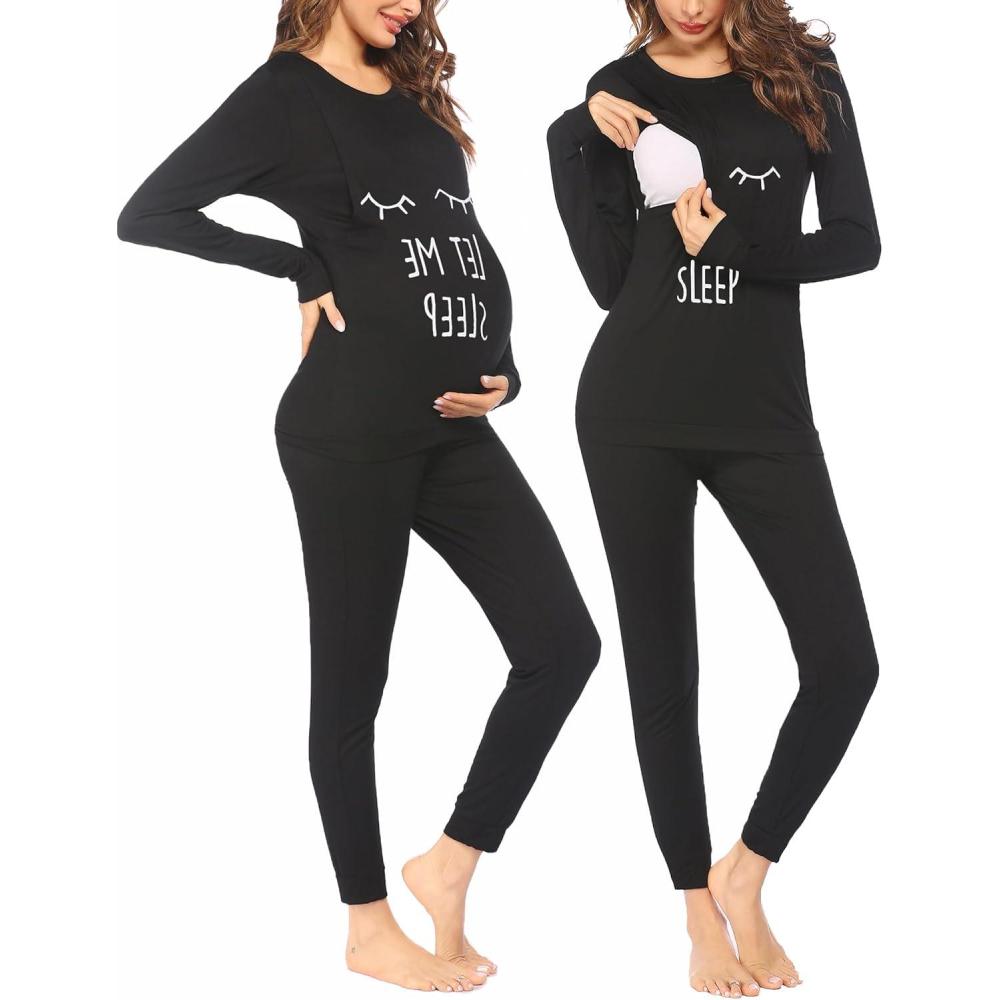 imageEkouaer Nursing Pajama Set Long Sleeve Maternity Clothes Labor Pregnancy Pjs Breastfeeding Thermal Underwear SleepwearBlack Sleep Eyes