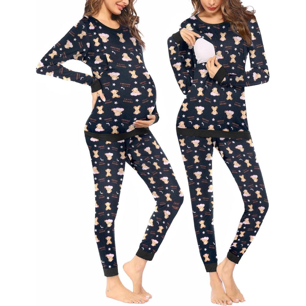 imageEkouaer Nursing Pajama Set Long Sleeve Maternity Clothes Labor Pregnancy Pjs Breastfeeding Thermal Underwear SleepwearBlack Star Beer