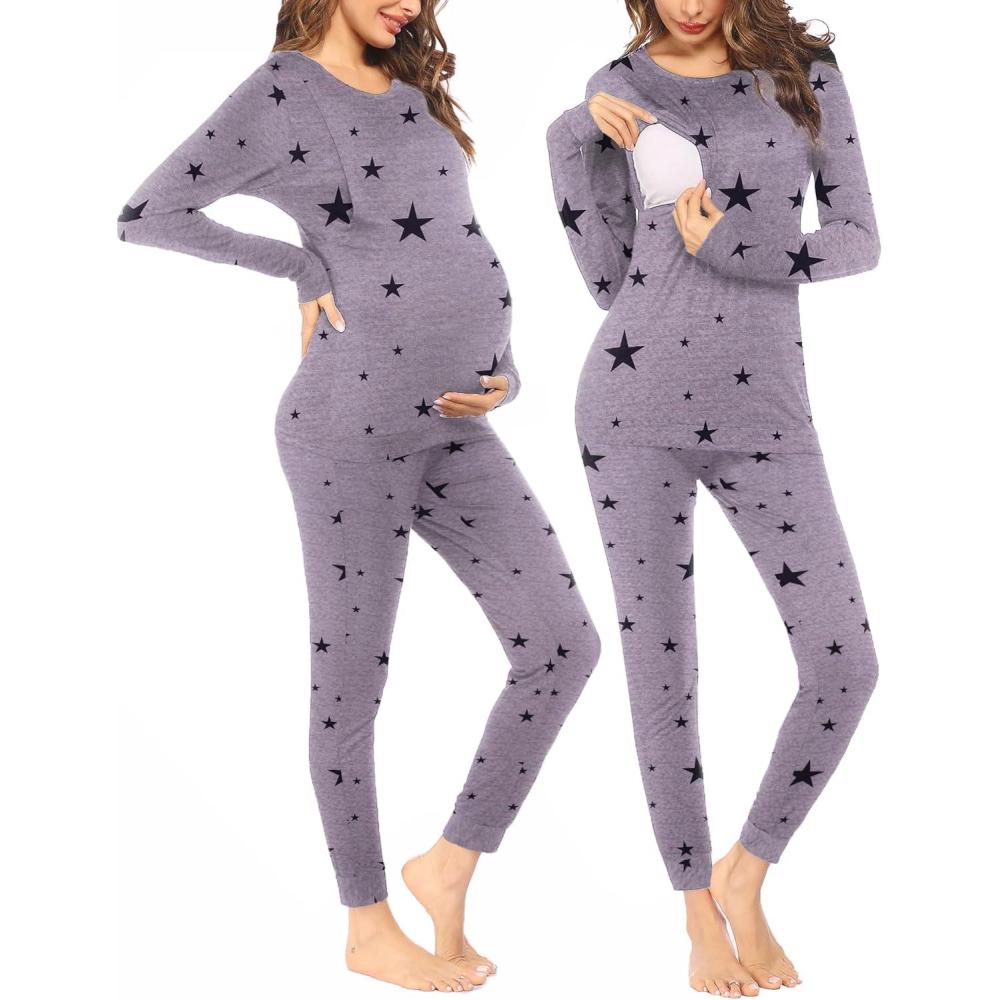 imageEkouaer Nursing Pajama Set Long Sleeve Maternity Clothes Labor Pregnancy Pjs Breastfeeding Thermal Underwear SleepwearGrey Star