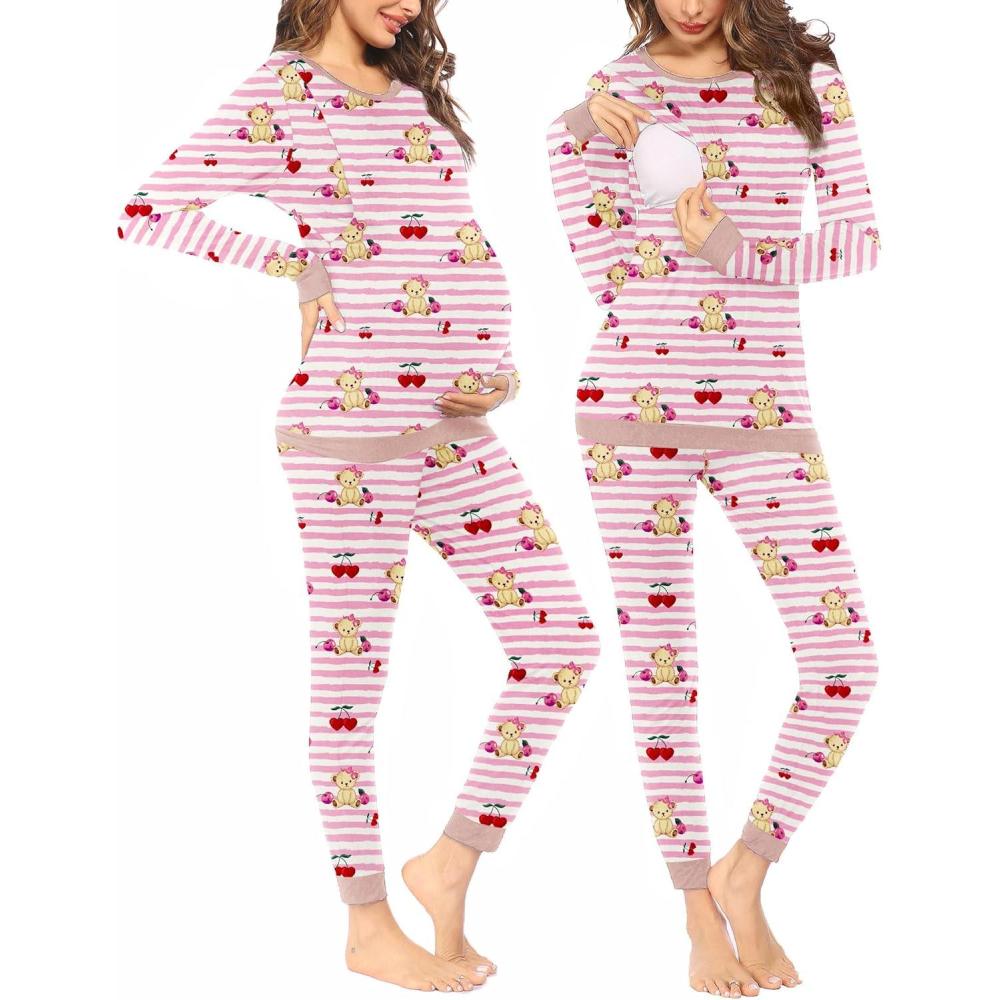 imageEkouaer Nursing Pajama Set Long Sleeve Maternity Clothes Labor Pregnancy Pjs Breastfeeding Thermal Underwear SleepwearPink Beige Beer Stripe