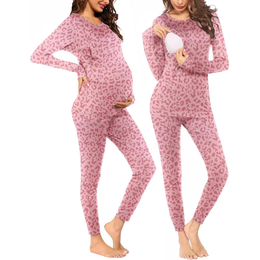 imageEkouaer Nursing Pajama Set Long Sleeve Maternity Clothes Labor Pregnancy Pjs Breastfeeding Thermal Underwear SleepwearPink Leopard