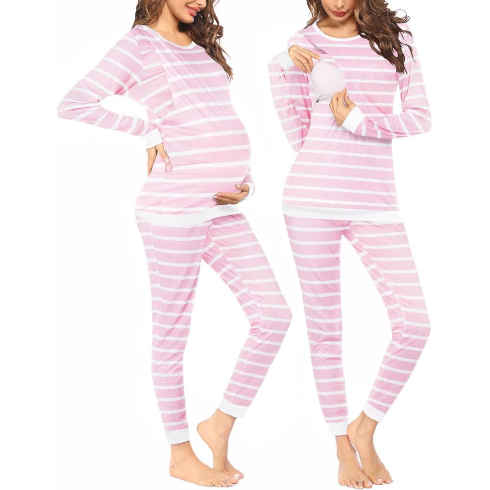 imageEkouaer Nursing Pajama Set Long Sleeve Maternity Clothes Labor Pregnancy Pjs Breastfeeding Thermal Underwear SleepwearPink Stripe