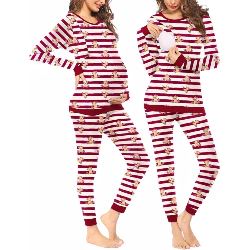 imageEkouaer Nursing Pajama Set Long Sleeve Maternity Clothes Labor Pregnancy Pjs Breastfeeding Thermal Underwear SleepwearRed Beige Beer Stripe