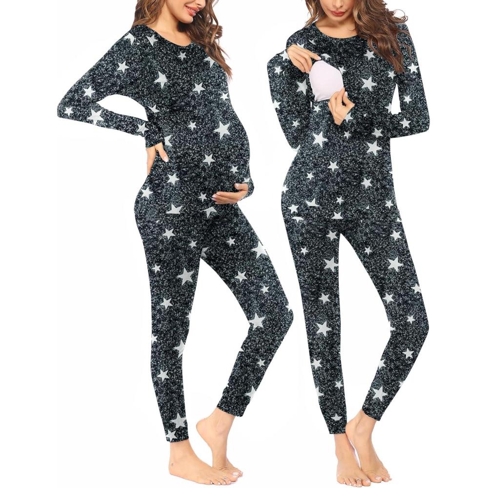imageEkouaer Nursing Pajama Set Long Sleeve Maternity Clothes Labor Pregnancy Pjs Breastfeeding Thermal Underwear SleepwearStrar Dark Gray