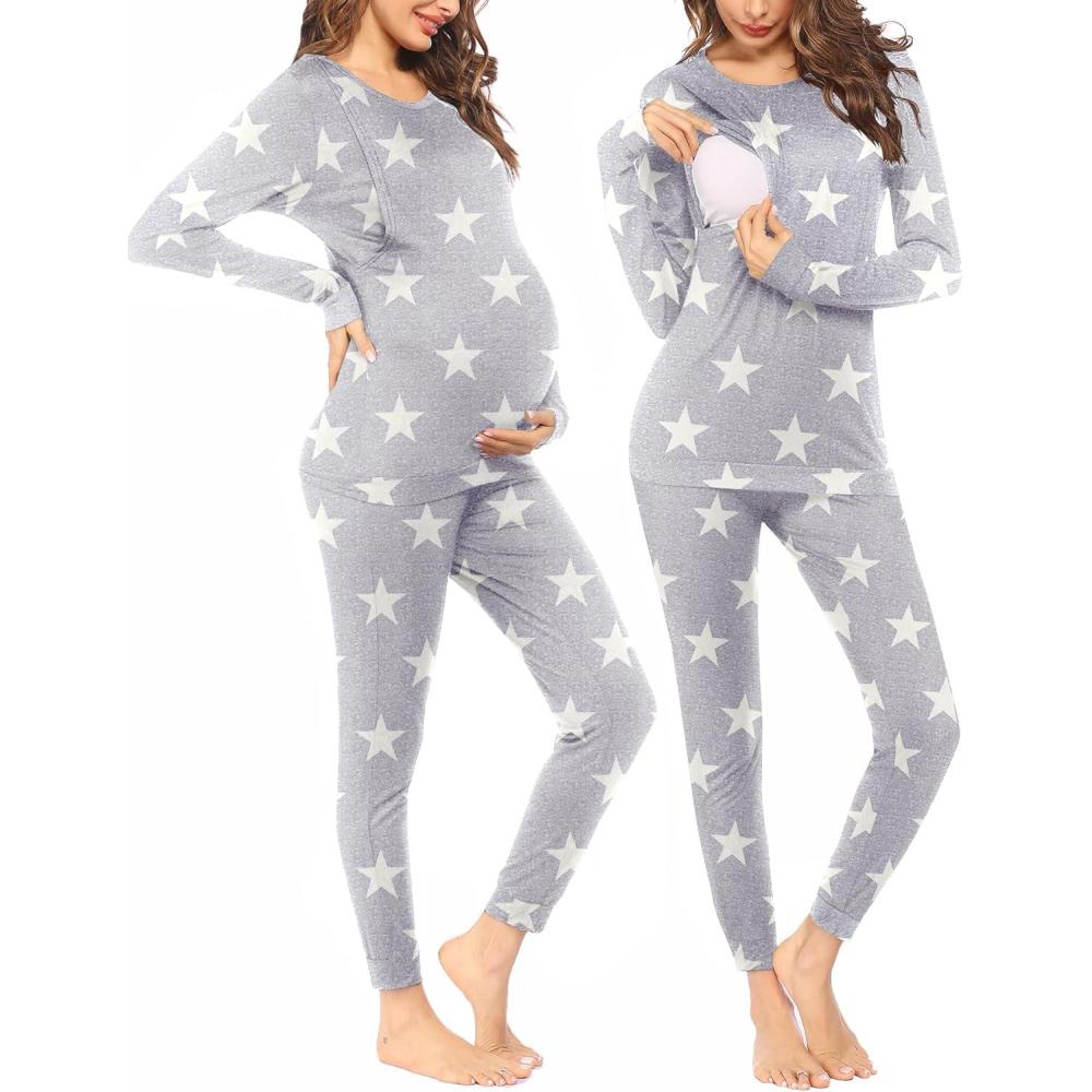 imageEkouaer Nursing Pajama Set Long Sleeve Maternity Clothes Labor Pregnancy Pjs Breastfeeding Thermal Underwear SleepwearStrar Light Gray