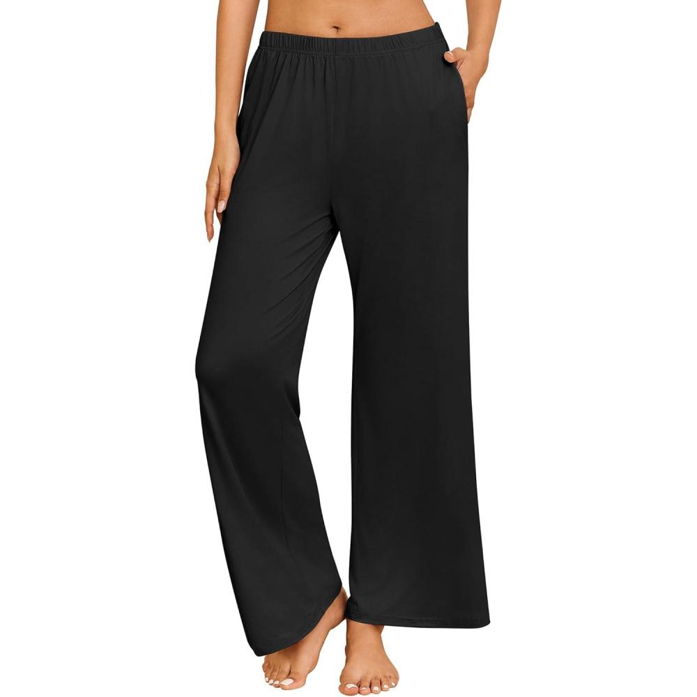 imageEkouaer Pajama Pants for Women Soft Comfy Pajama Bottoms Casual Stretch Wide Leg Pants with PocketsBlack