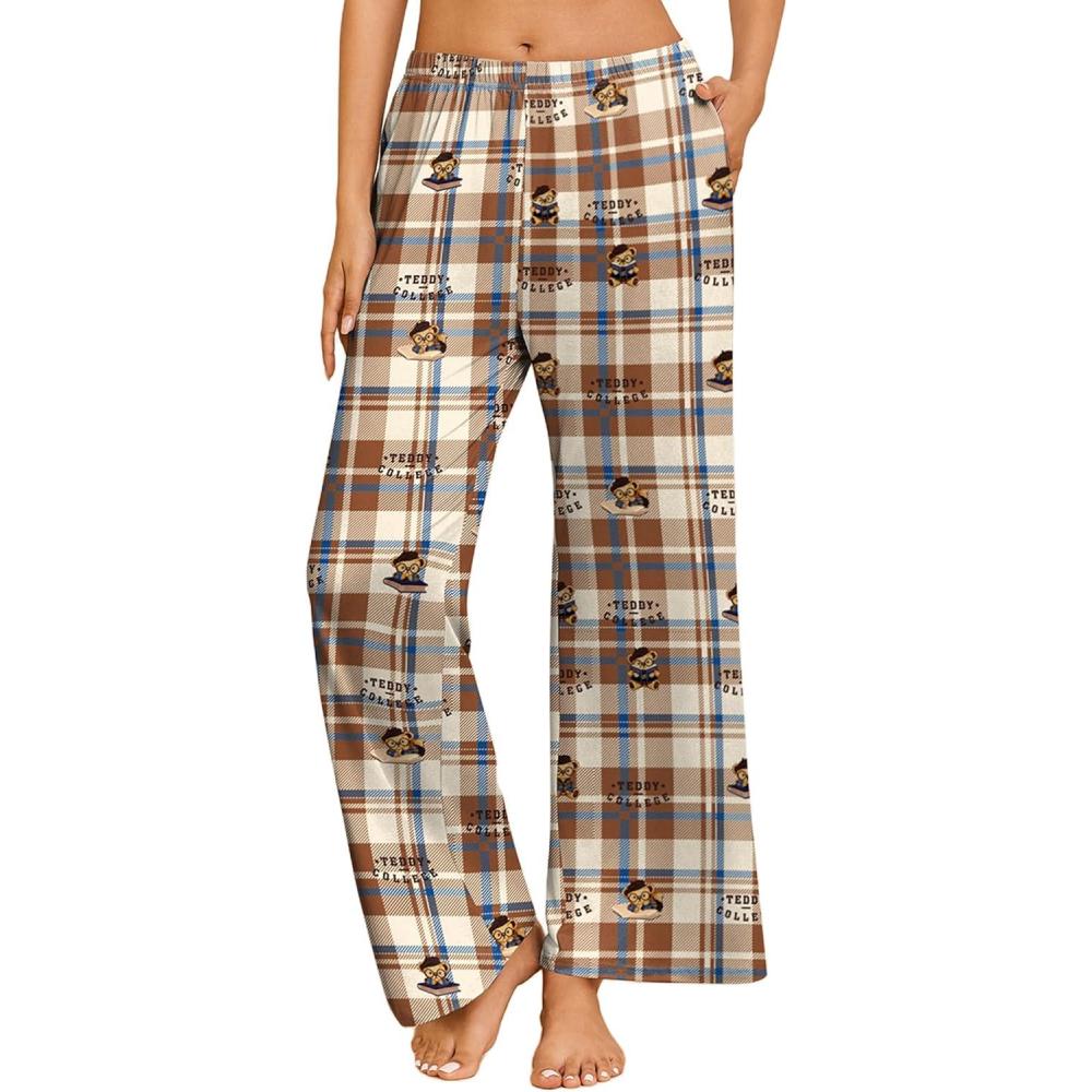 imageEkouaer Pajama Pants for Women Soft Comfy Pajama Bottoms Casual Stretch Wide Leg Pants with PocketsBrown Plaid Teddy