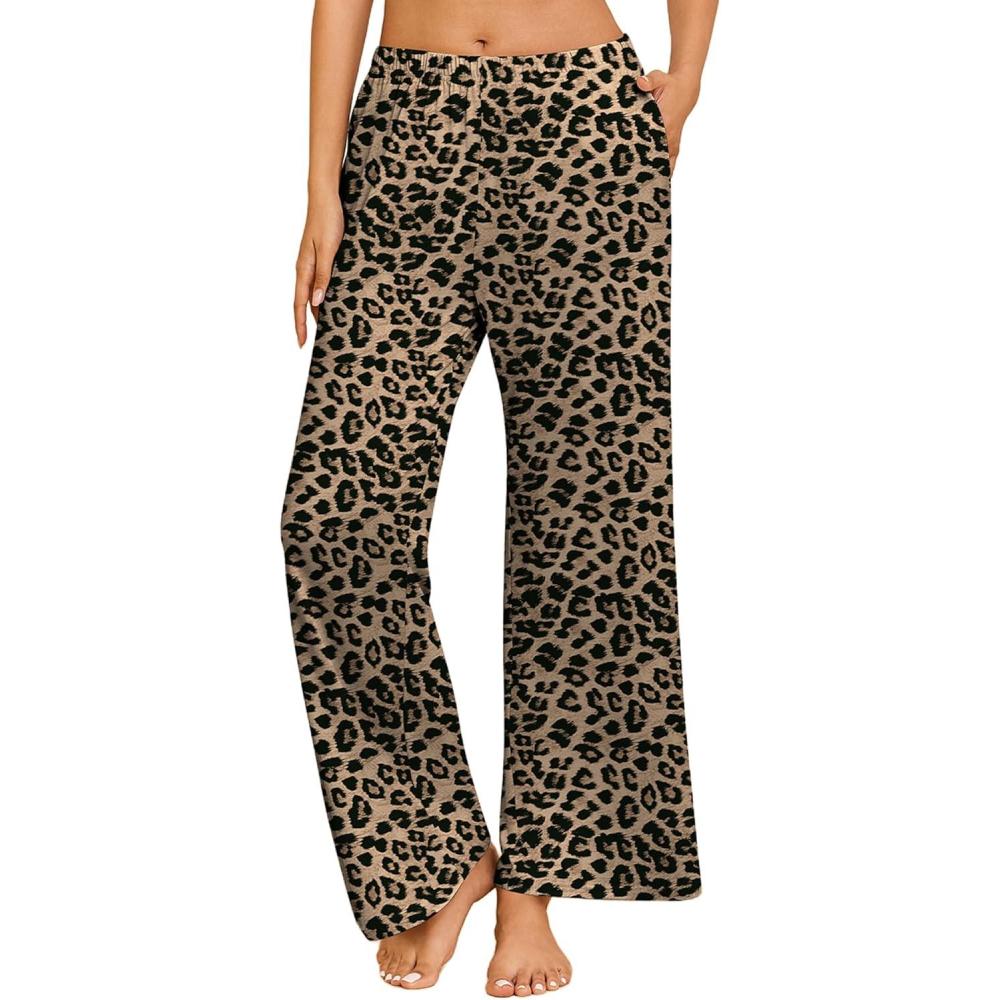 imageEkouaer Pajama Pants for Women Soft Comfy Pajama Bottoms Casual Stretch Wide Leg Pants with PocketsLeopard Print