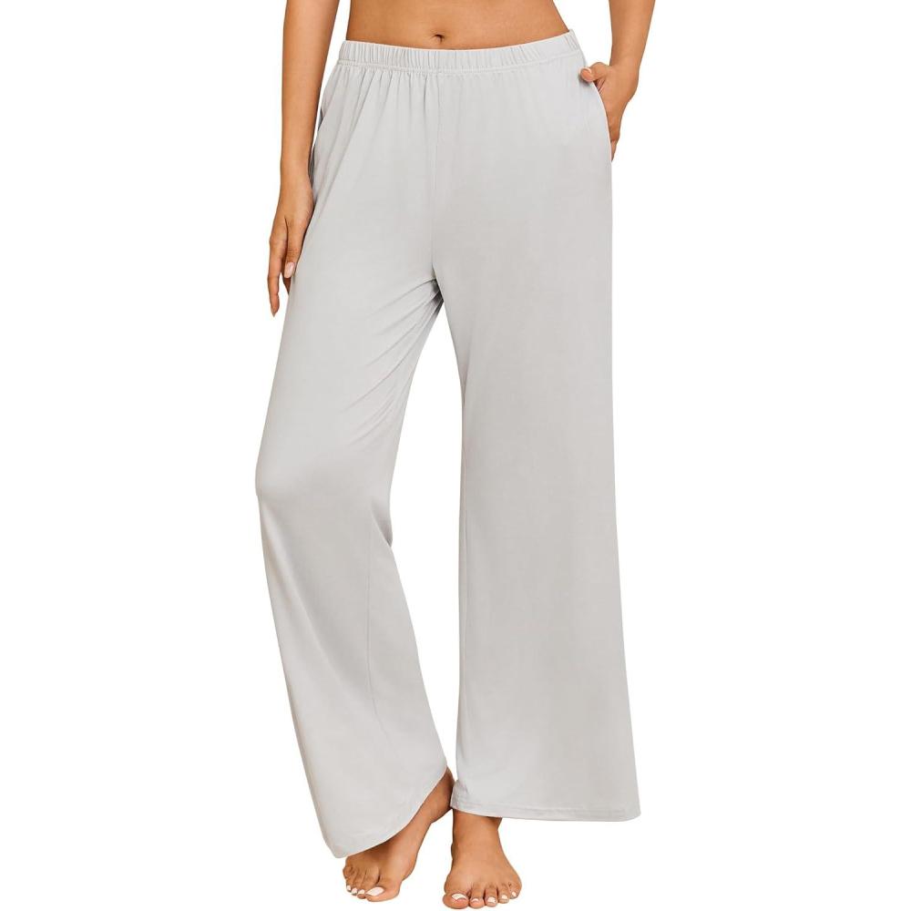 imageEkouaer Pajama Pants for Women Soft Comfy Pajama Bottoms Casual Stretch Wide Leg Pants with PocketsLight Grey