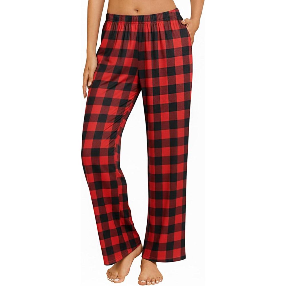 imageEkouaer Pajama Pants for Women Soft Comfy Pajama Bottoms Casual Stretch Wide Leg Pants with PocketsRed Black Plaid