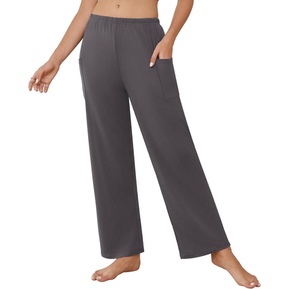 imageEkouaer Pajama Pants for Women Soft Comfy Pajama Sleep Bottoms Casual Stretch Wide Leg Lounge Pants with PocketsDark Gray