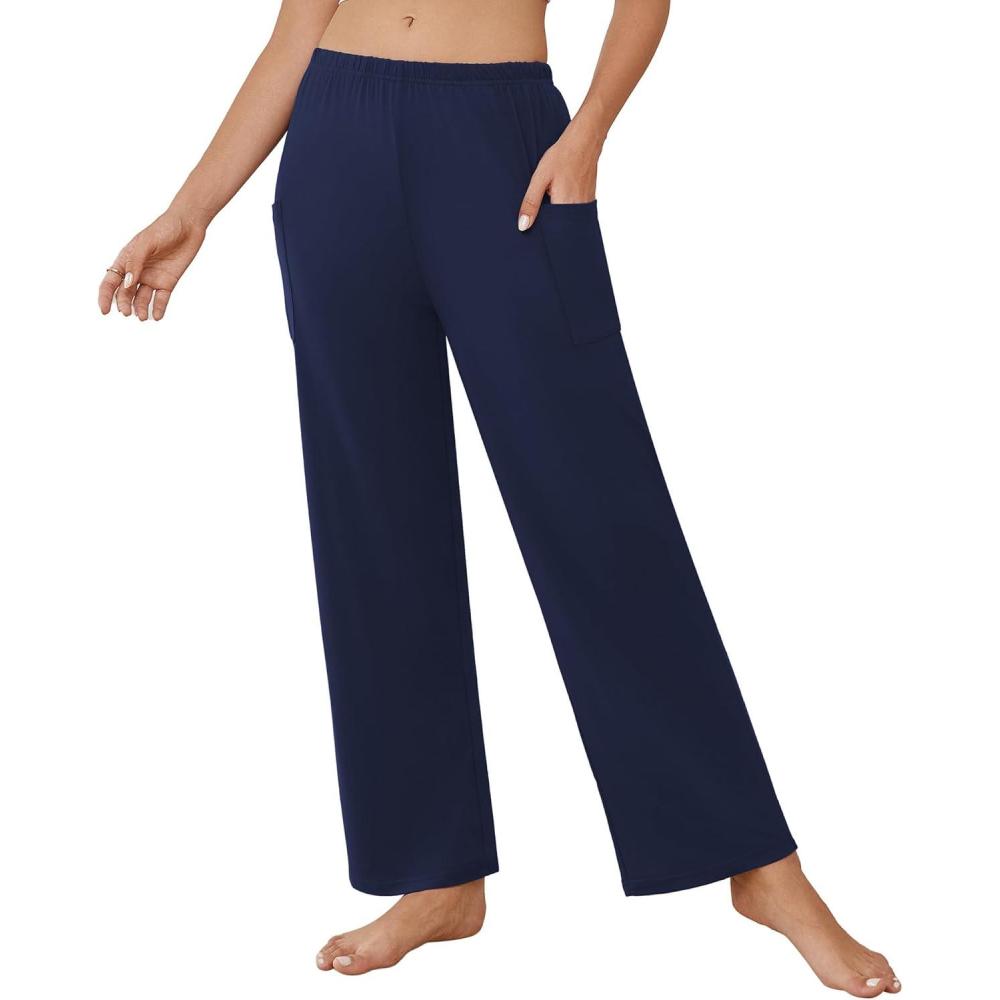 imageEkouaer Pajama Pants for Women Soft Comfy Pajama Sleep Bottoms Casual Stretch Wide Leg Lounge Pants with PocketsNavy