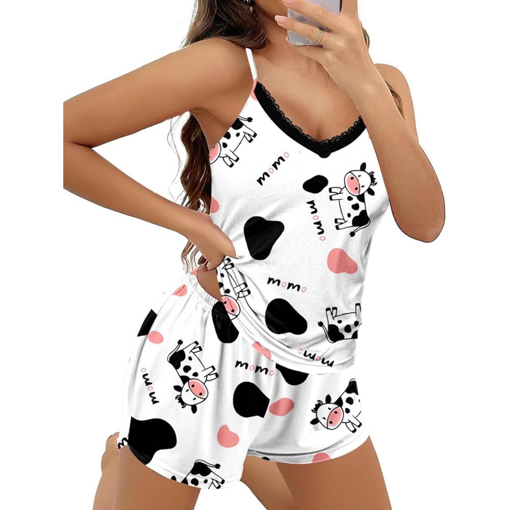 imageEkouaer Pajama Sets for Women 2 Piece Soft Lingerie Sleepwear Cute Print Cami Pj Shorts Set Lace NightwearCow Print