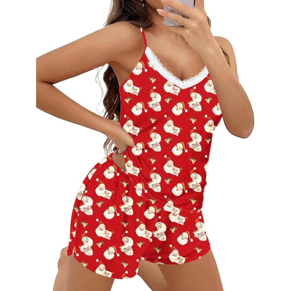 imageEkouaer Pajama Sets for Women 2 Piece Soft Lingerie Sleepwear Cute Print Cami Pj Shorts Set Lace NightwearRed Christmas
