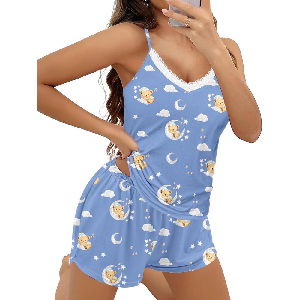 imageEkouaer Pajama Sets for Women 2 Piece Soft Lingerie Sleepwear Cute Print Cami Pj Shorts Set Lace NightwearTeddy Blue