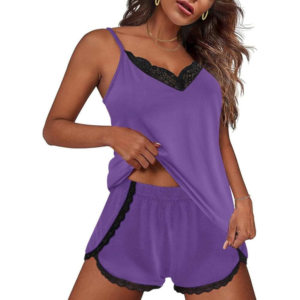 imageEkouaer Pajama Sets for Women Lingerie Sleepwear 2 Piece Cami Split Short Set V Neck Lace PjsPurple