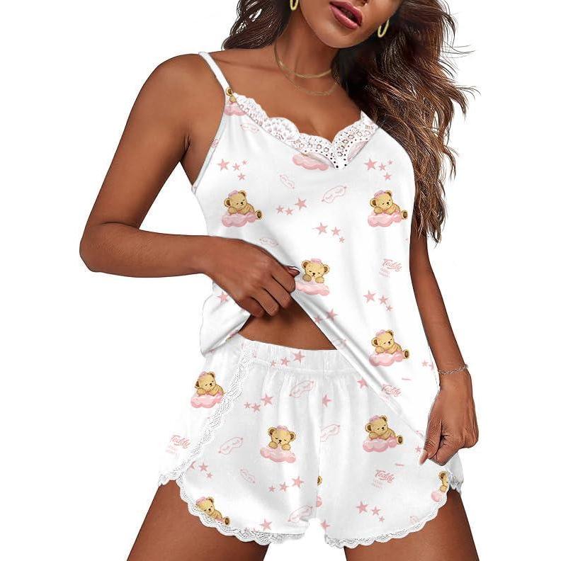 imageEkouaer Pajama Sets for Women Lingerie Sleepwear 2 Piece Cami Split Short Set V Neck Lace PjsTeddy Blue