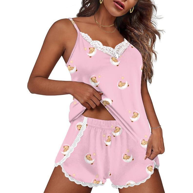 imageEkouaer Pajama Sets for Women Lingerie Sleepwear 2 Piece Cami Split Short Set V Neck Lace PjsTeddy Pink