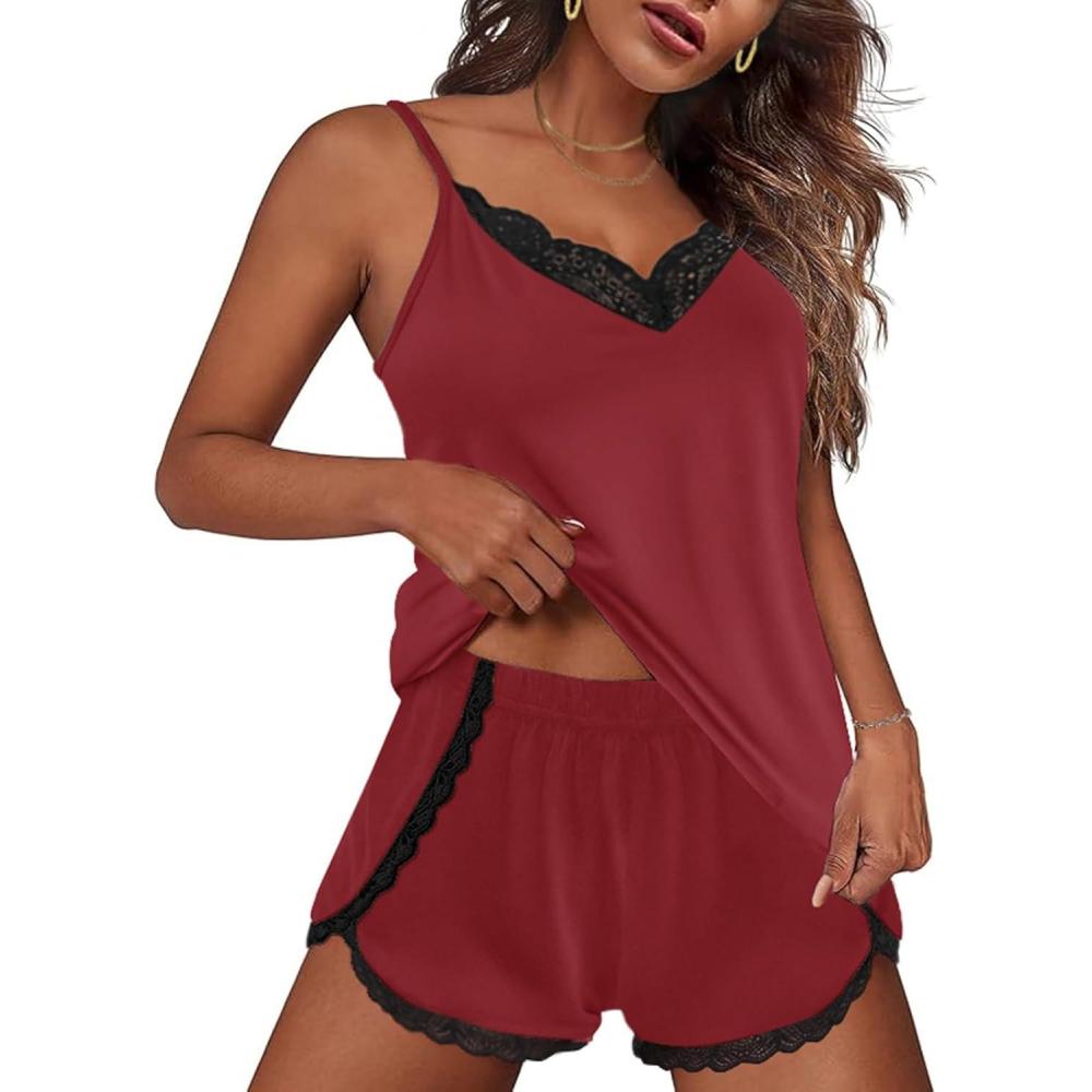 imageEkouaer Pajama Sets for Women Lingerie Sleepwear 2 Piece Cami Split Short Set V Neck Lace PjsWine Red