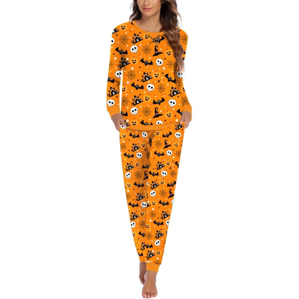 imageEkouaer Pajamas For Women Comfy Long Sleeve Jogger Set Lounge Pjs Set With PocketsHalloween Pumpkin