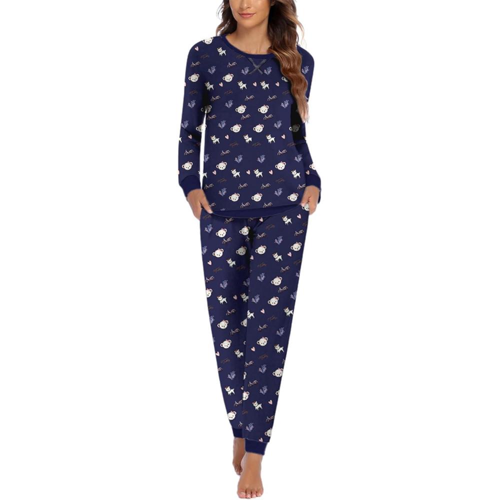imageEkouaer Pajamas For Women Comfy Long Sleeve Jogger Set Lounge Pjs Set With PocketsNavy Teddy Bear