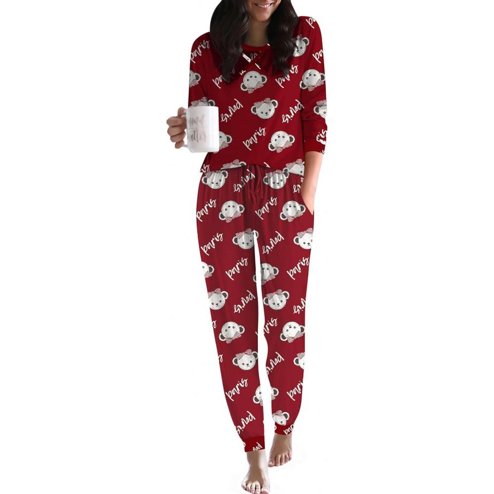 imageEkouaer Pajamas For Women Comfy Long Sleeve Jogger Set Lounge Pjs Set With PocketsRedteddy