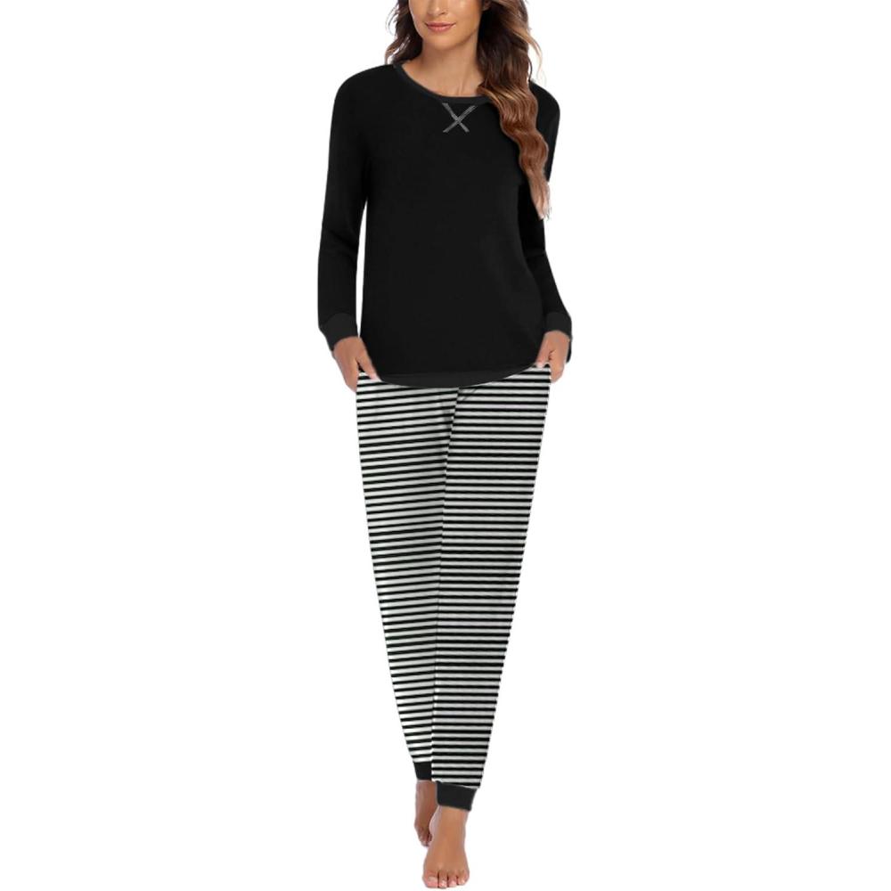 imageEkouaer Pajamas For Women Comfy Long Sleeve Jogger Set Lounge Pjs Set With PocketsStripe Black