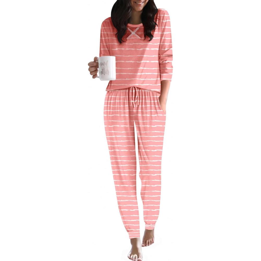 imageEkouaer Pajamas For Women Comfy Long Sleeve Jogger Set Lounge Pjs Set With PocketsStripesl Pink