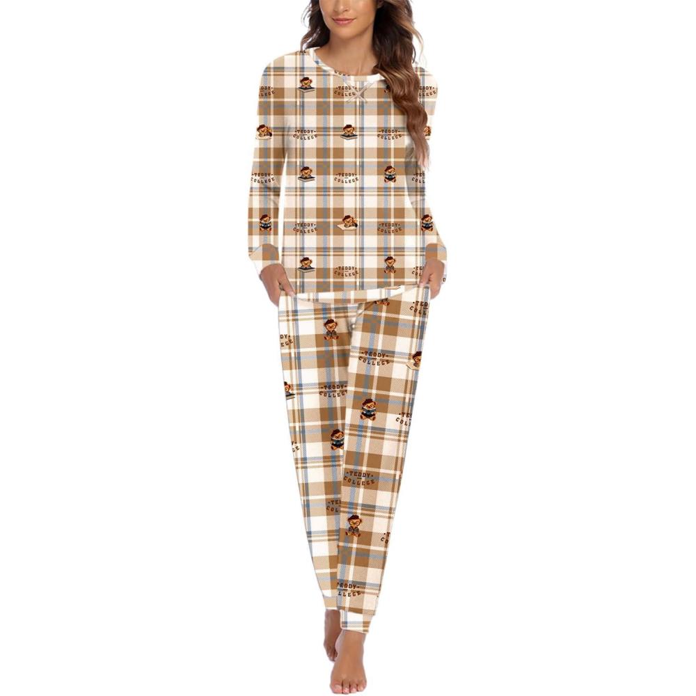 imageEkouaer Pajamas For Women Comfy Long Sleeve Jogger Set Lounge Pjs Set With PocketsTeddy Bear Plaid