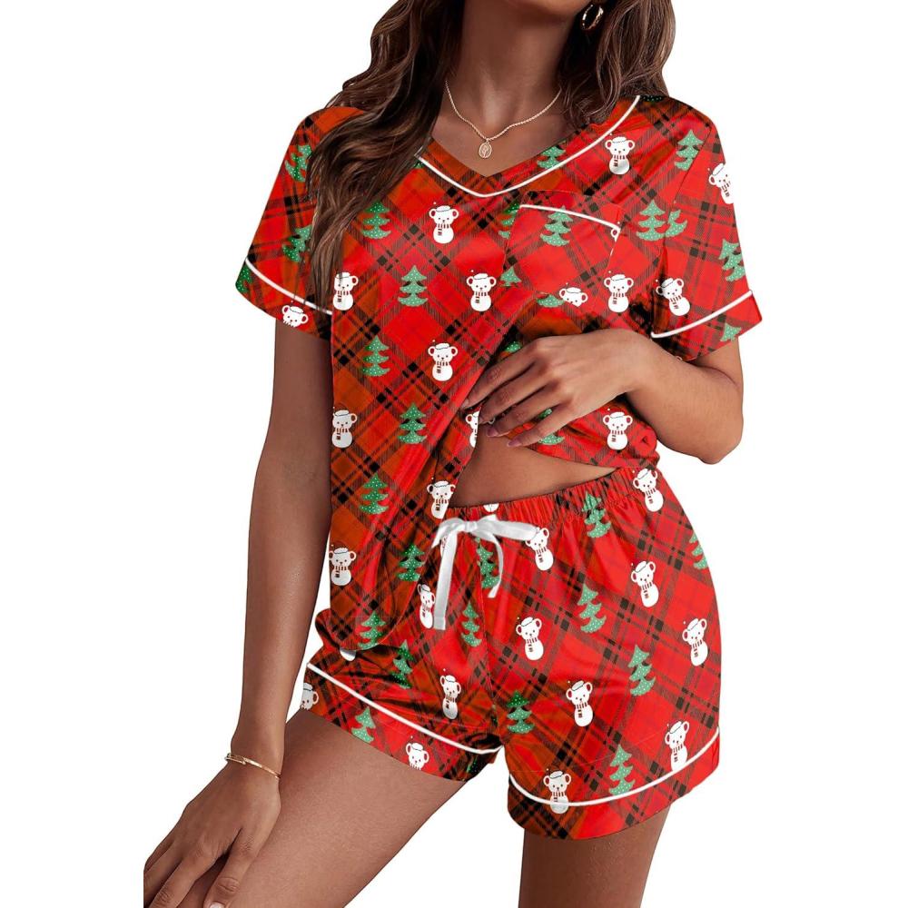 imageEkouaer Silk Pajama for Women Short Sleeve Satin Pj Set Two Piece Soft Sleepwear Loungewear SXXLAred Christmas Teddy