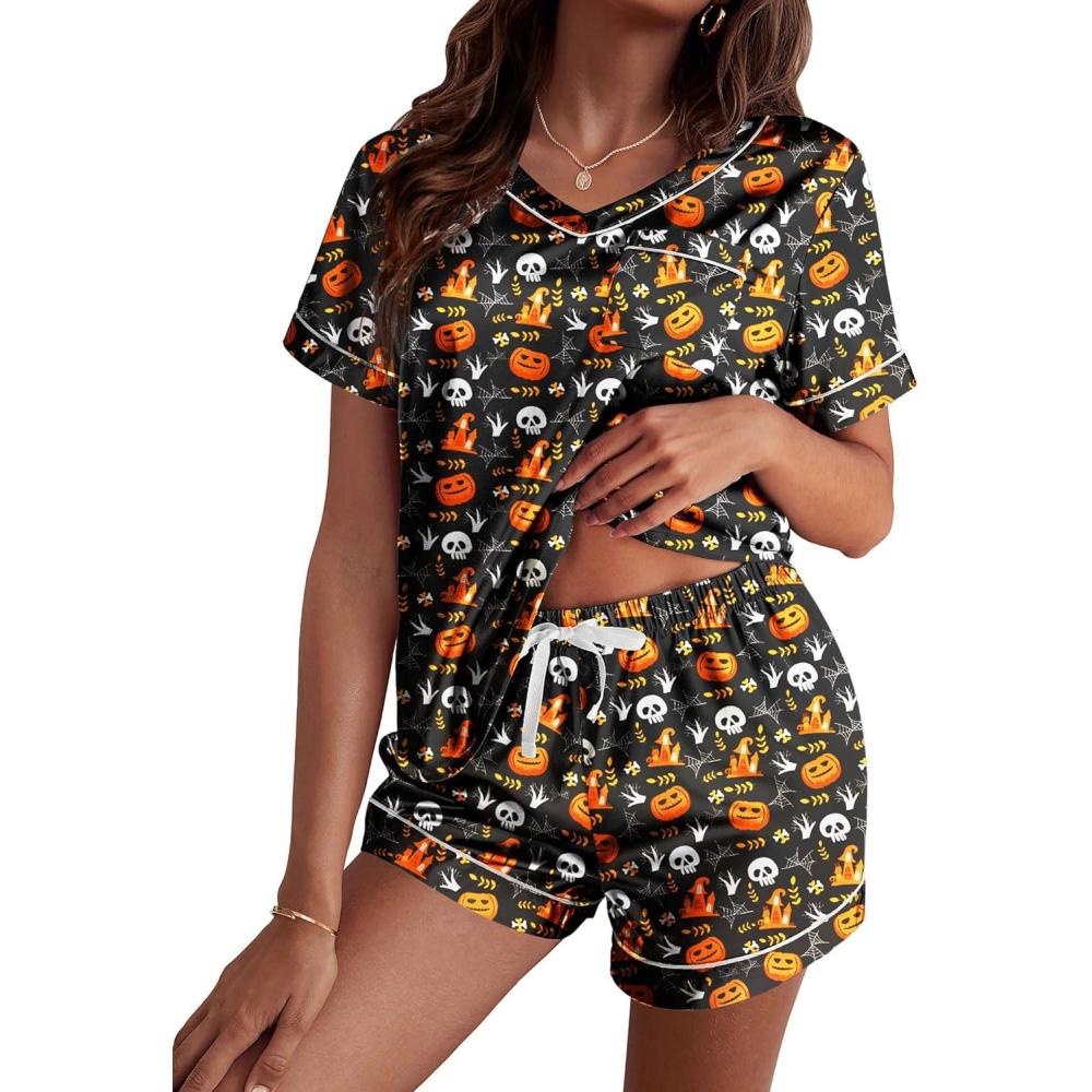imageEkouaer Silk Pajama for Women Short Sleeve Satin Pj Set Two Piece Soft Sleepwear Loungewear SXXLBlack Pumpkin Spider Web