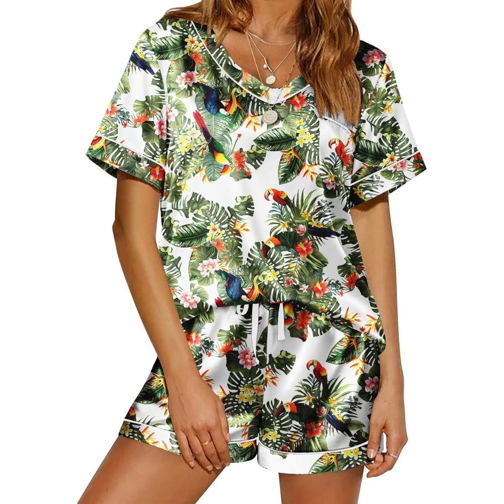imageEkouaer Silk Pajama for Women Short Sleeve Satin Pj Set Two Piece Soft Sleepwear Loungewear SXXLGreen Leaves